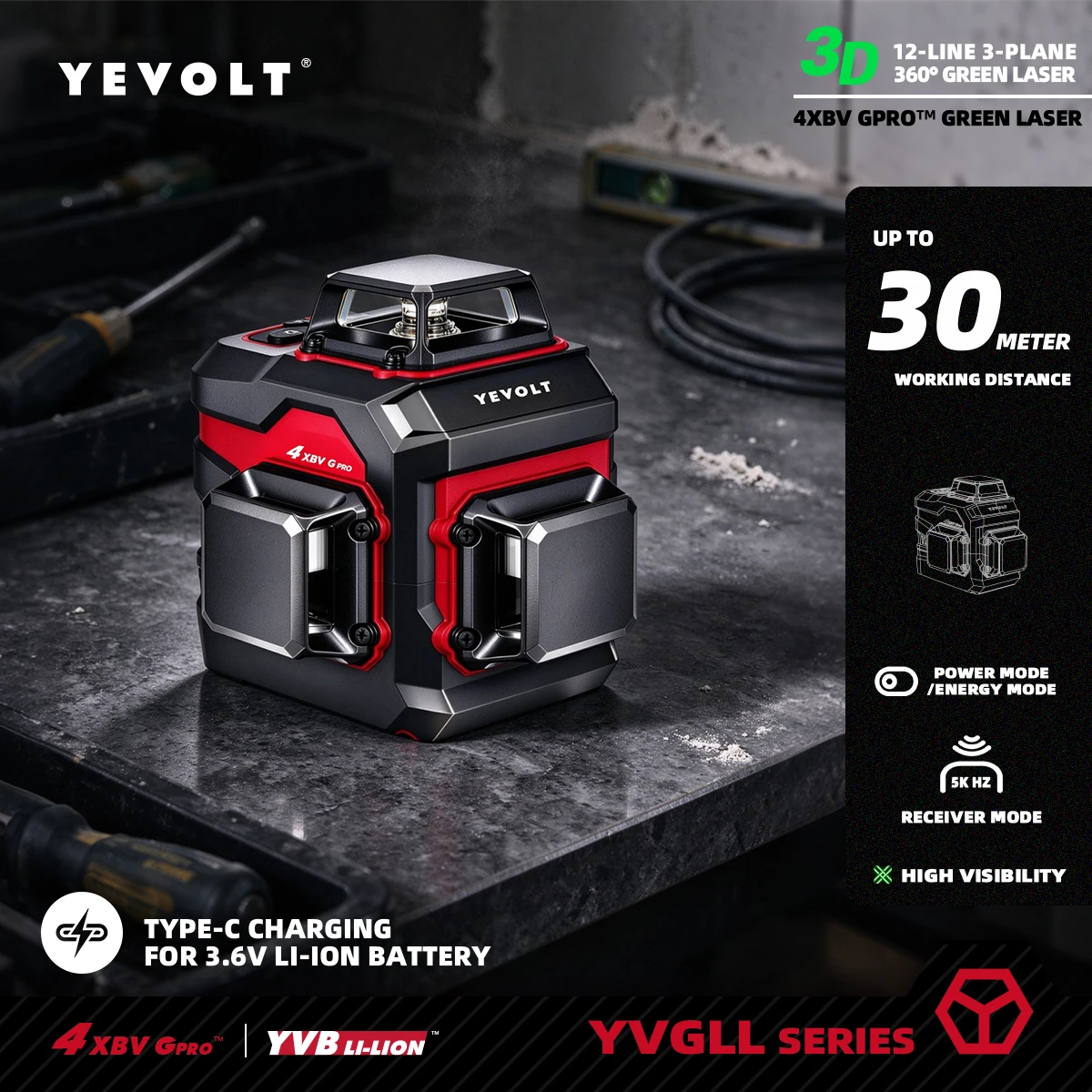 YEVOLT 3D 12‑Line Laser Level 3x360° Self‑Alignment Tool for Household DIY Kitchen Island Trim Wall Hook Hanging Renovation Work