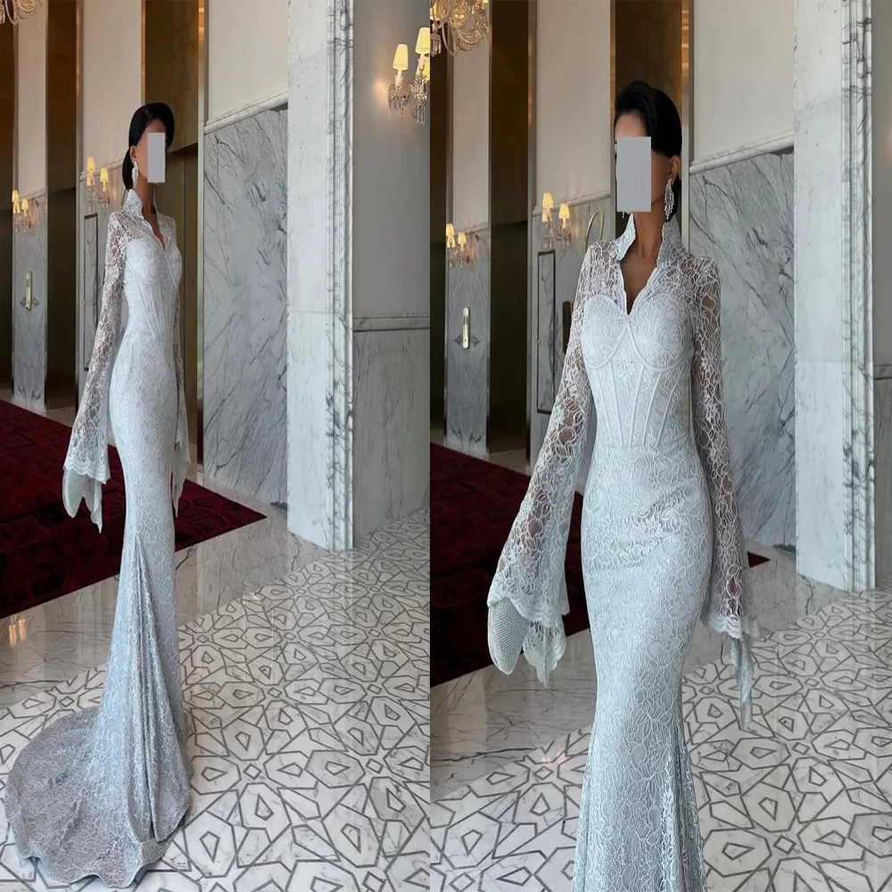 

Luxury High Neck Lace Sexy Mermaid Saudi Arab Dress Floor Length Long Sleeve Evening Gown with Court فساتين سهر Custom