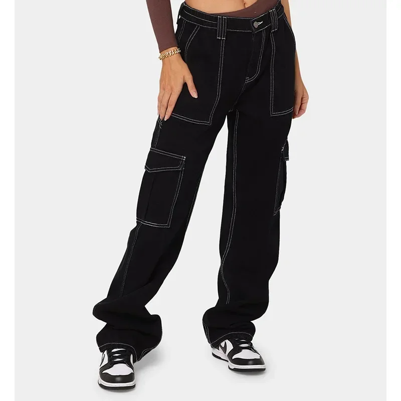 Jeans Cargohose Damen Washed Distressed 2025, Streetwear, hohe Taille, mehrere Taschen, Denims, Vintage, weibliche gerade Hose