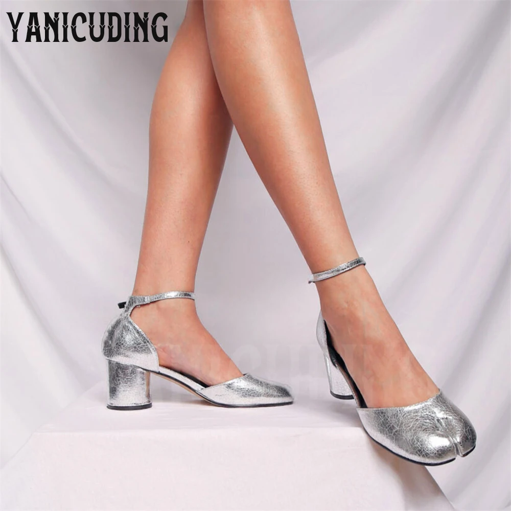 

Silver Metallic Leather Tabi Mary Janes 6cm Cylindrical Heel Handmade Shoes Ankle Buckle Designer Style Women's Split Toe Shoes