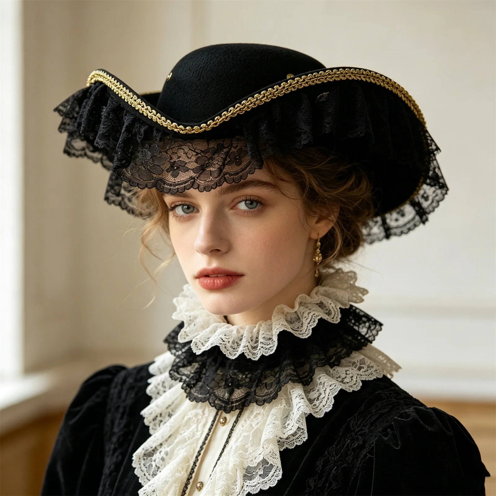 Pirate Costume Hat Deluxe Colonial Tricorn Hat Vintage Party Headwear with Lace Trimming for Adults