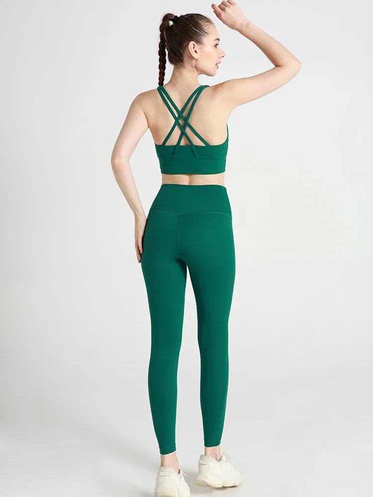 2 Piece Women Yoga Set Sleeveless Sexy Cross Back Sports Bra High Elasticity Buttock Lift Leggings Comfortable Sportswear Suit