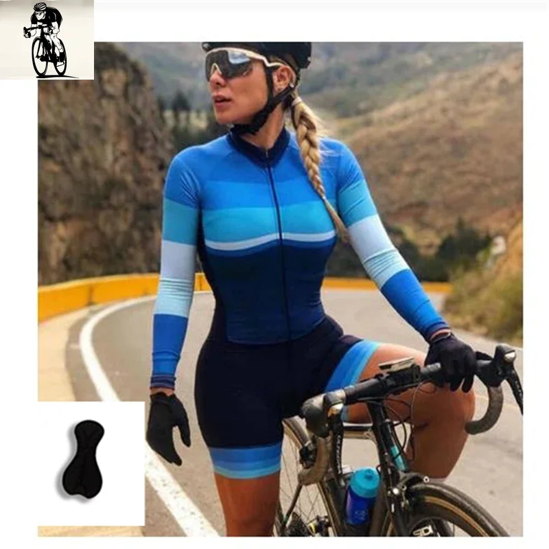 Team Triathlon endurance Women's Cycling Jersey One Piece Jumpsuit long Sleeve Macaquinho Ciclismo Feminino Set Gel Pad Jumpsui