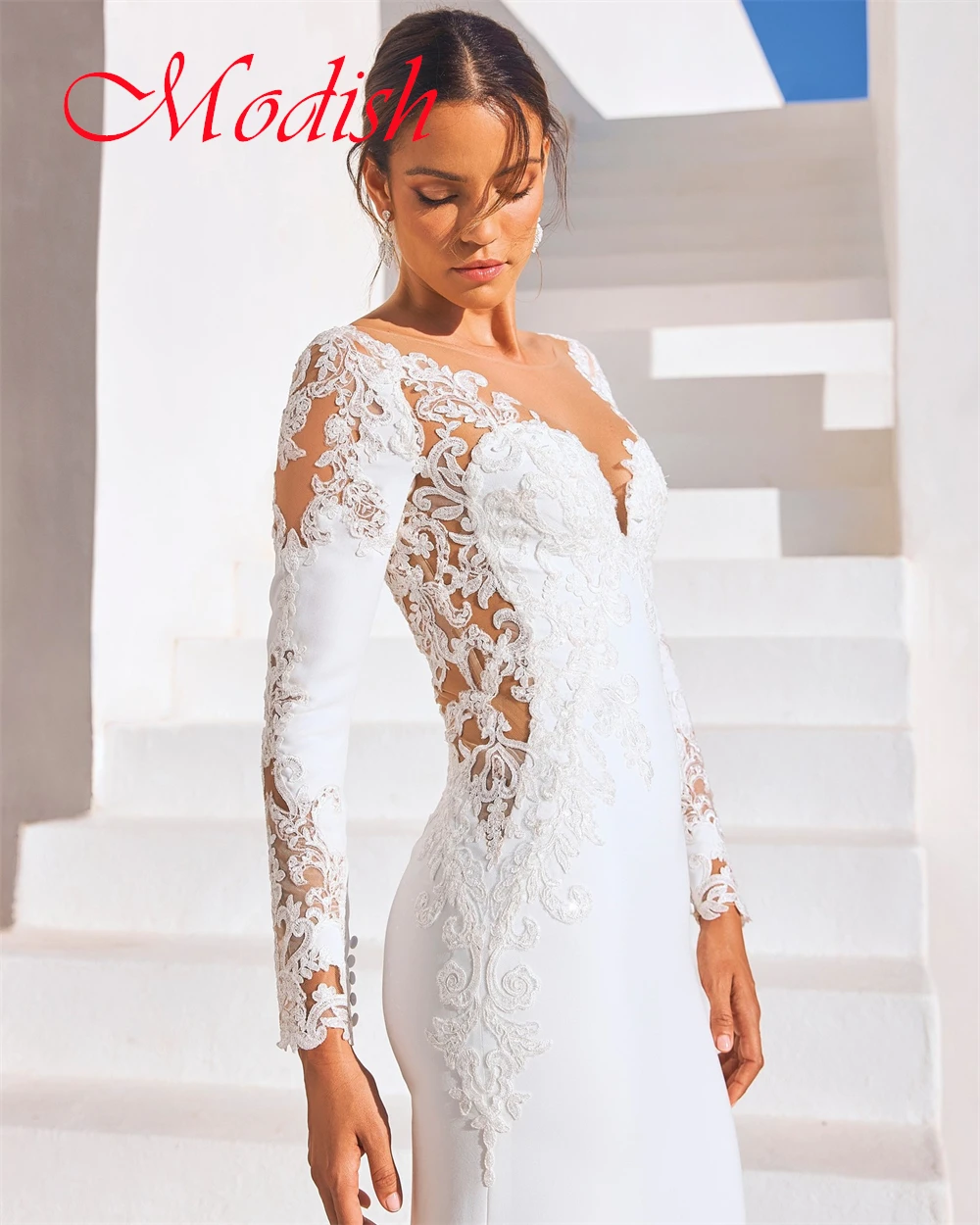 Abito da sposa in jersey bianco puro personalizzato Delicato scollo a V maniche lunghe Robe de mariée Bottoni classici sul retro Vestido De Novia