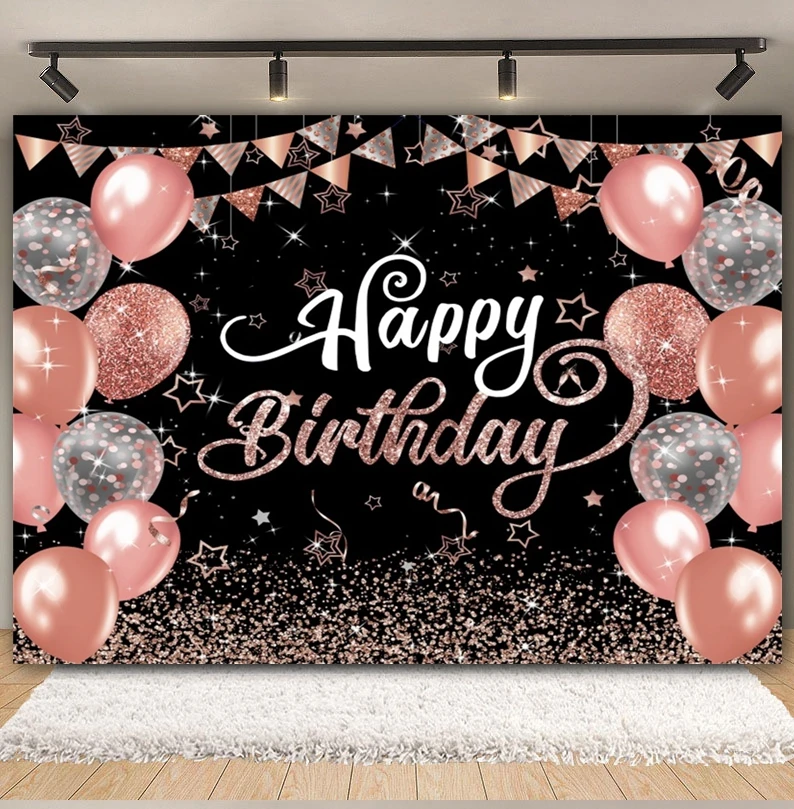 Sfondo di compleanno con palloncino glitterato in oro rosa donne ragazze 16th 18th Birthday Party Cake Smash Photography Background Photo Studio