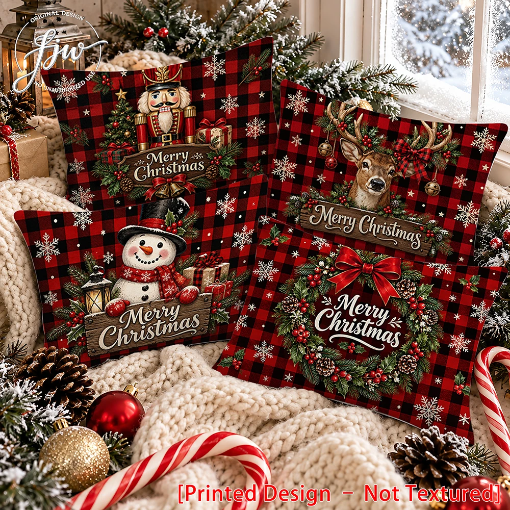 4pc Christmas Pillow Covers, Vintage Buffalo Plaid Snowman Reindeer Nutcracker Wreath Throw Cushion Cases for Sofa Couch