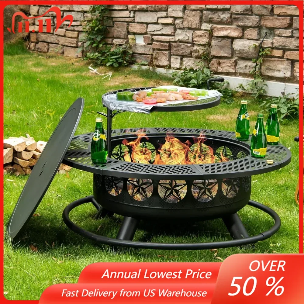 42 Inch BBQ Fire Pit with Grill, Large Outdoor Wooding Fire Pit for Camping,Picnic,Bonfire,3-in-1 Round Metal Table with Lid.