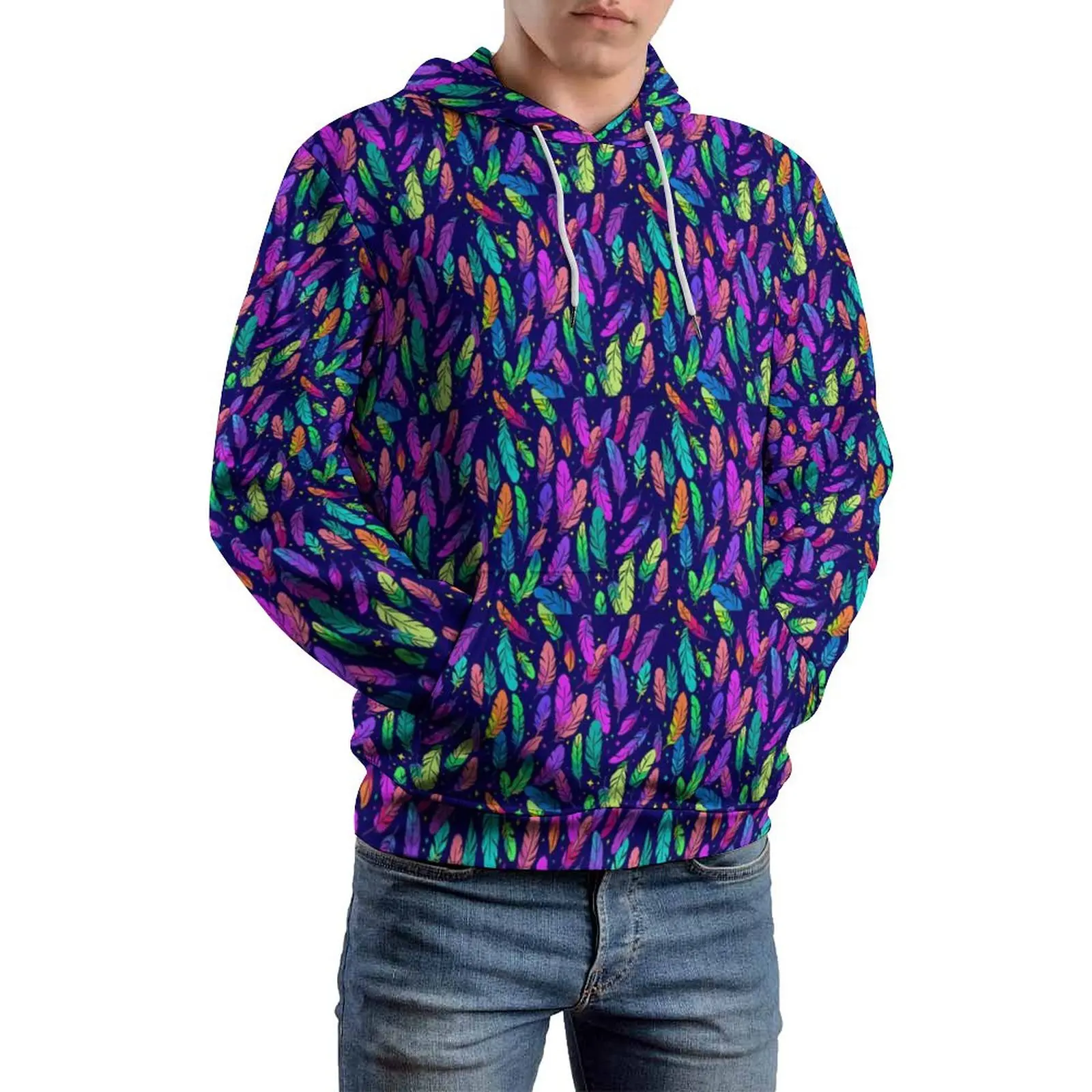 Colorful Feather Loose Hoodies Purple Bule Casual Hoodie Man Long-Sleeve Trendy Graphic Sweatshirts Plus Size 5XL 6XL