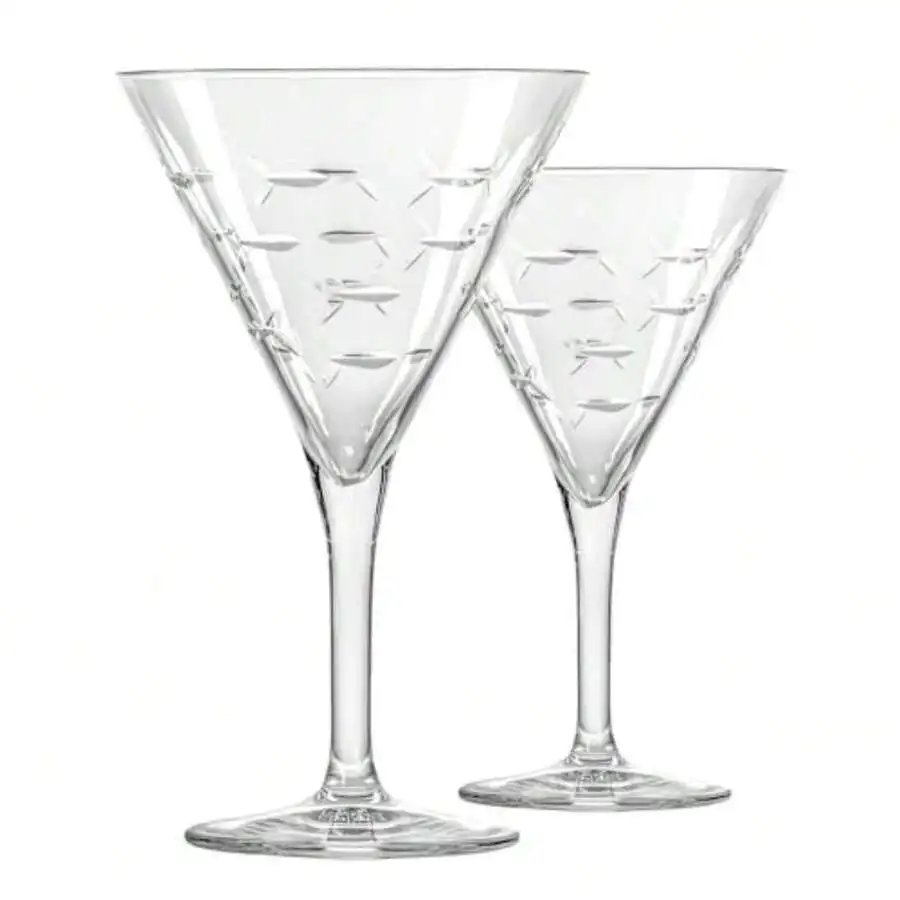 School Of Fish Martini Glass Stemmed 7.5 Oz. Martini Glasses Lead-Free Glass Diamond-Wheel Engraved Cocktail Glasses Made In The