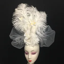White Feather Flower Model Stage Walk Exaggerate Creative Makeup Design Headwear for Cosplay