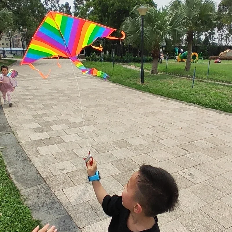 Bunte erwachsene Drachen Outdoor-Spielzeug großen Dreieck Drachen mit Griff langen Schwanz Drachen für Kinder Regenbogen Nylon Geschenk für Erwachsene