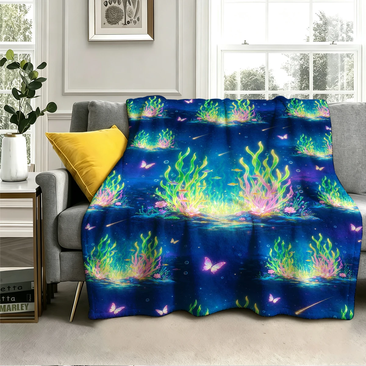 Neon Kelp Forest Fish Repeat Flannel Blanket Warm Soft Halloween Christmas Decorative Couch Warm Cozy All-Season Gift