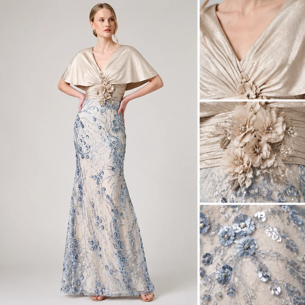 Customized V-neck Floor Length Half Sleeves Beaed Flowers Pleat Wedding Party Dresses فساتين حفلات التخرج Vestidos De Fiesta