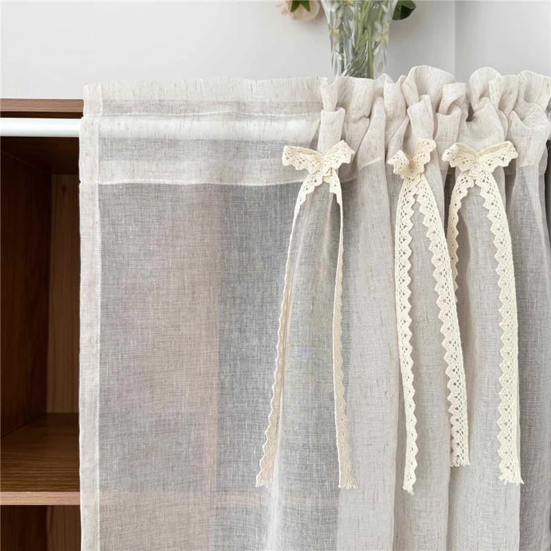 French Romantic Beige Bow Short Sheer Curtain with Crochet Lace Bottom Rod Pocket for Kitchen Living Room Bedroom Home Decor