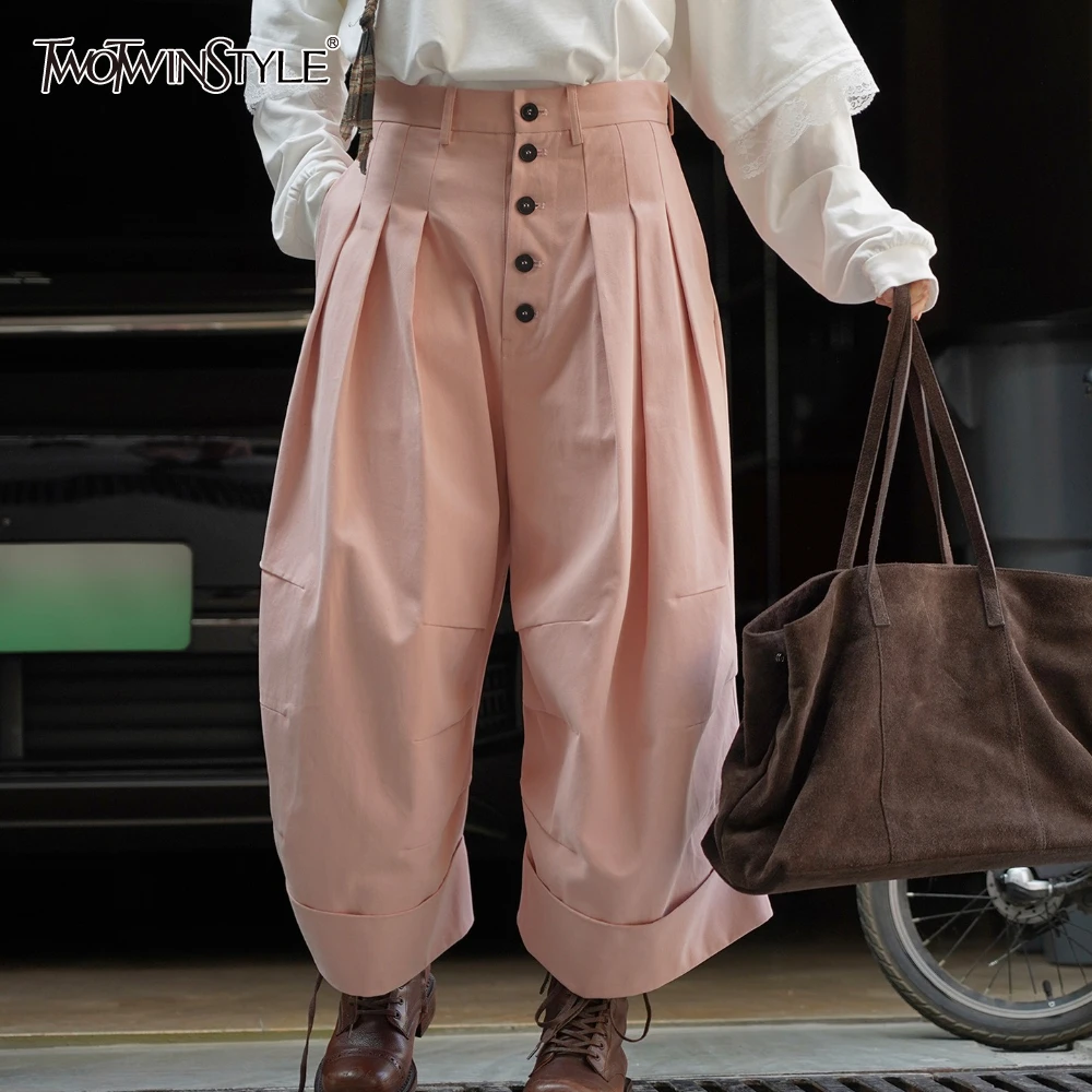 TWOTWINSTYLE Pink Spliced Single Breasted Chic Trousers Female High Waist Loose Patchwork Folds Women's Pants Autumn New Fashion
