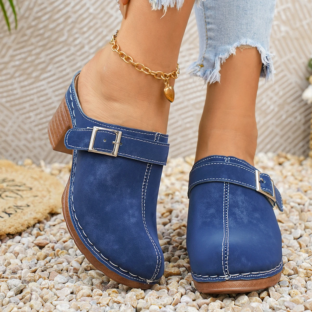 Damen Mules Pantoletten mit hohem Blockabsatz, geschlossene Zehenpartie, zum Hineinschlüpfen, Vintage, Sommer, lässig, bequeme Gehschuhe – Detail 4