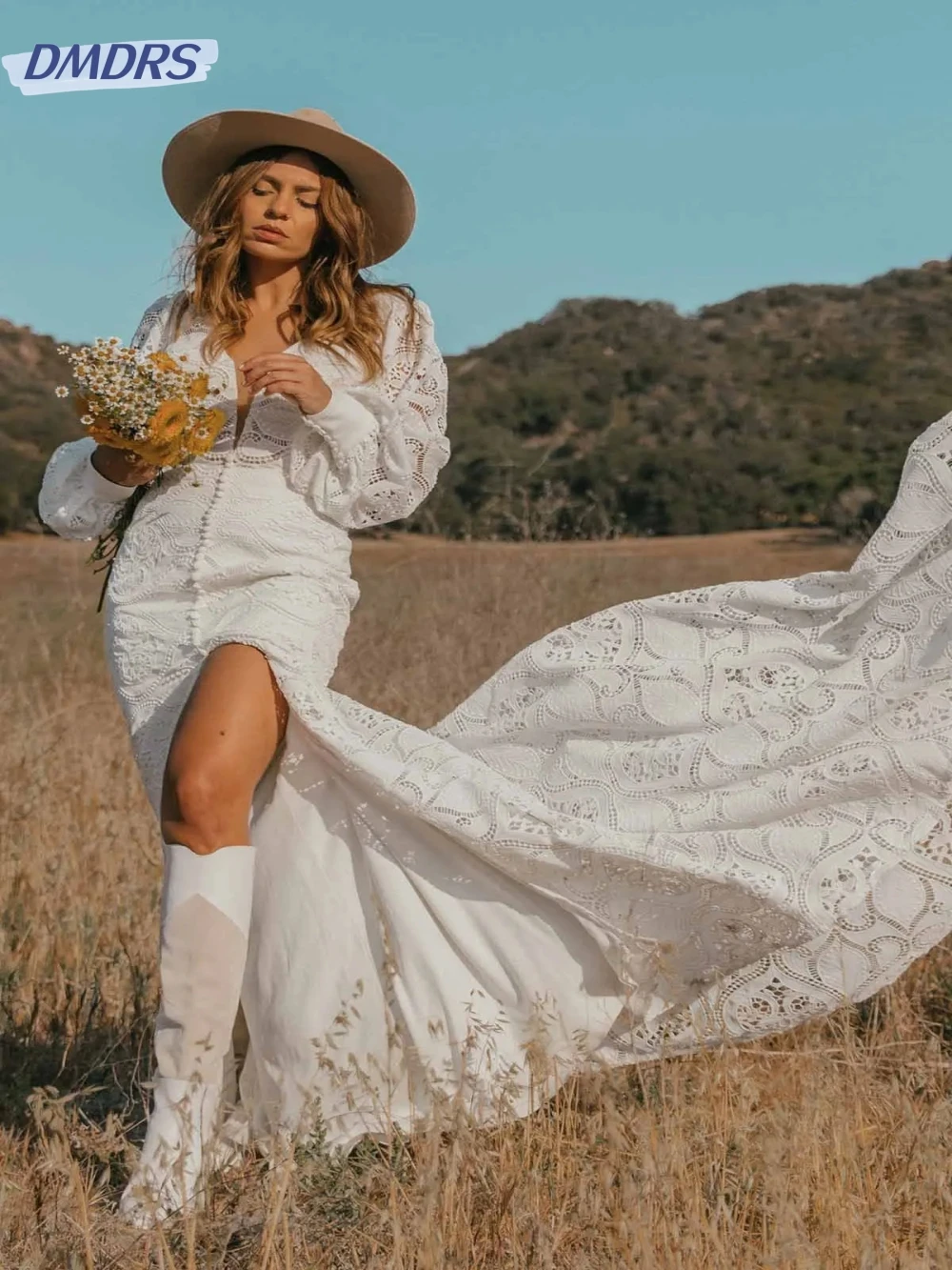 Vestido Sexy con escote en V profundo y espalda descubierta para novia, vestido De novia sencillo De manga larga, vestido De novia largo De encaje bohemio, bata De boda