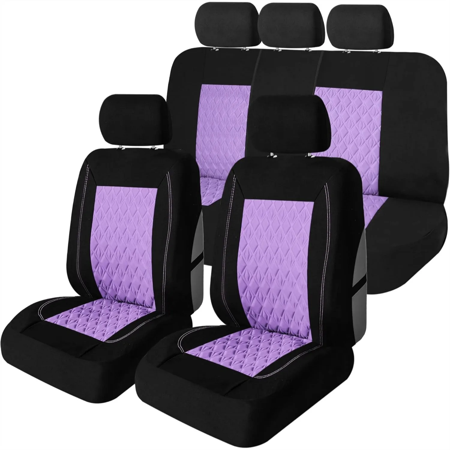 

Diamond Stitched Flat Cloth Car Seat Covers Full Set Universal Fit for Most Vehicles Purple