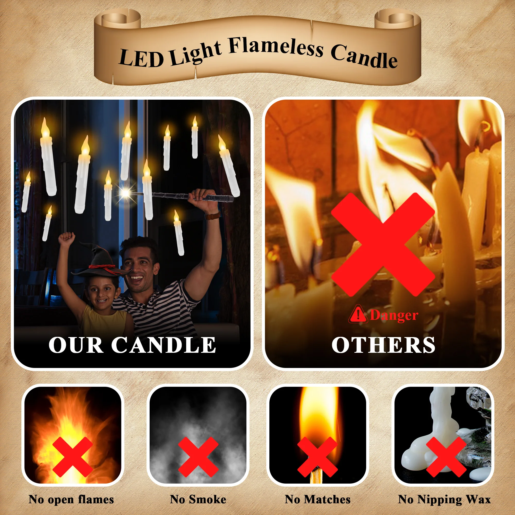 12Pcs Halloween Floating Candles with Magic Wand Remote Flickering  Warm Light LED Flameless Taper Candle for Christmas Party