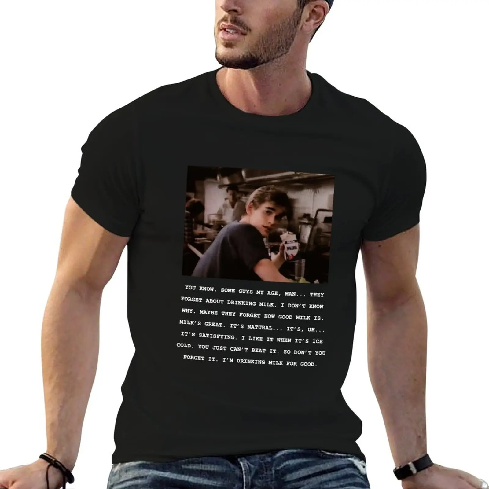 Camiseta masculina matt dillon milk commercial, camiseta masculina de verão, camiseta masculina gráfica, camiseta masculina de algodão