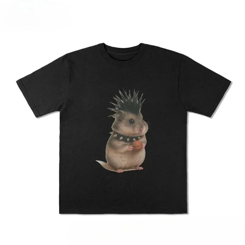 เสื้อยืดผู้หญิงลายตลกๆ รูปหนูร็อค แขนสั้น คอกลม สไตล์ลำลอง แฟชั่นสตรีทแวร์ เสื้อยืดลายกราฟิก เสื้อผ้าผู้หญิง