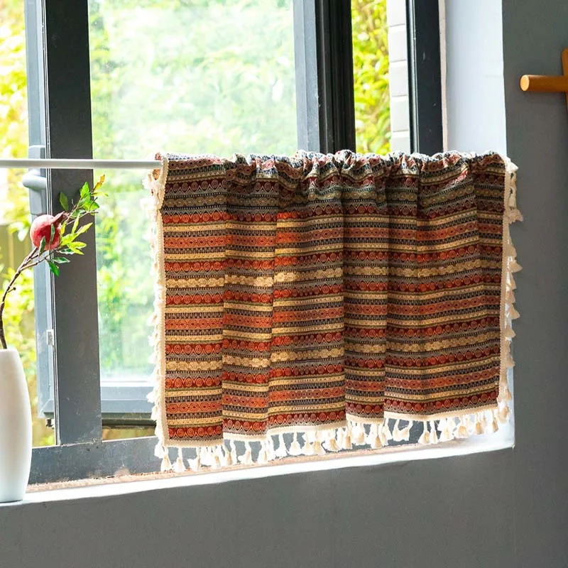 

Boho Indian Style embroidery Roman shade style window curtain kitchen curtain voile sheer tab top window brand curtains