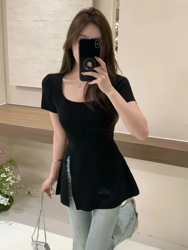 

Ele Bla Square Collar ort Sve Knitted T-irt Women's Summer Slim Fit Split Sweet And Spicy Girl Top
