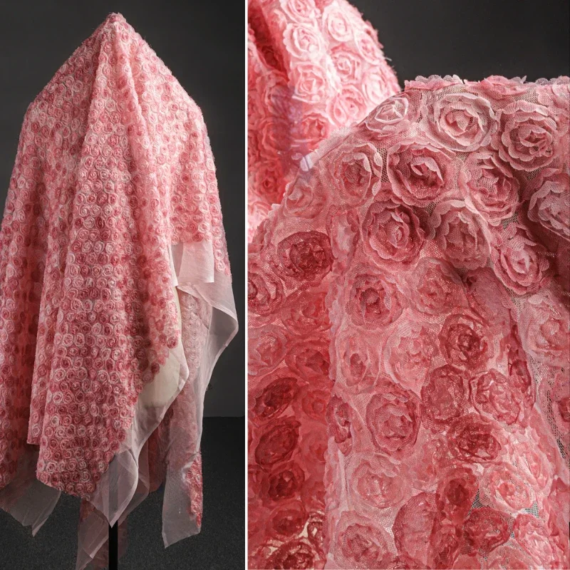 

Pink Three-dimensional Mini Rose Mesh Fabric for Designer Fashion Apparel Cloth Diy Sewing By The Meter Material