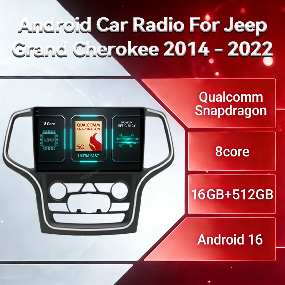 Android 16 Car Radio For Jeep Grand Cherokee WK2 2014 - 2022 GPS NAVI 2DIN 4G WIFI Multimedia Video Player BT QLED Qualcomm