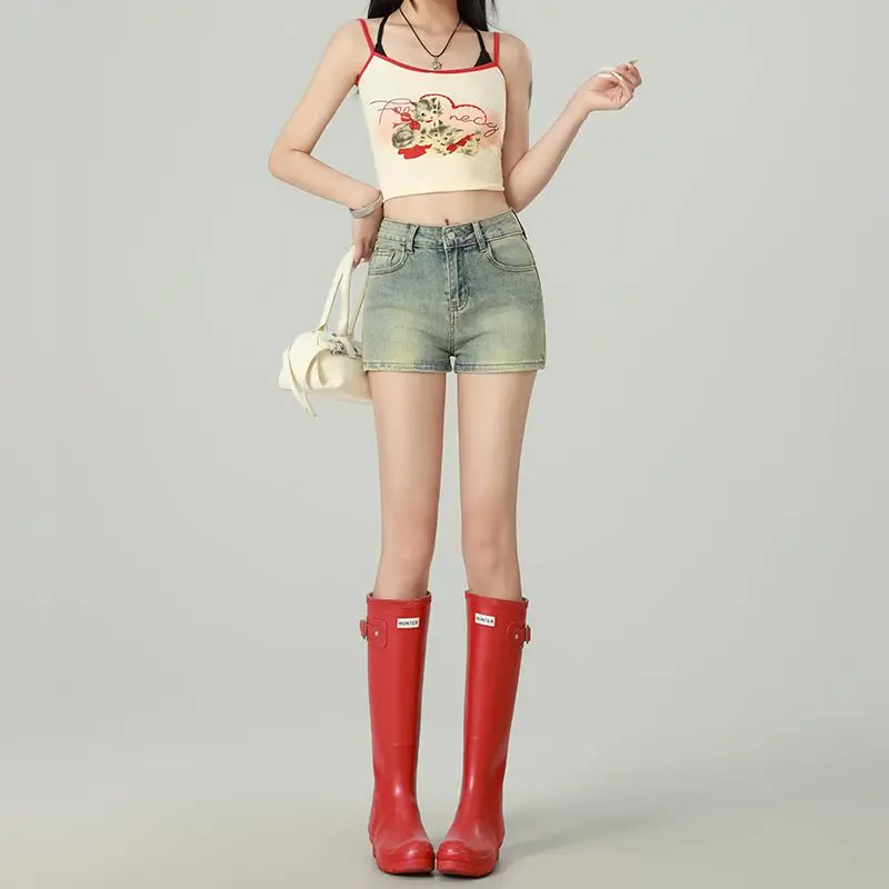 Women's American retro denim shorts, women's summer new hot girl, small stature, high waist, slimming design, wide leg pants