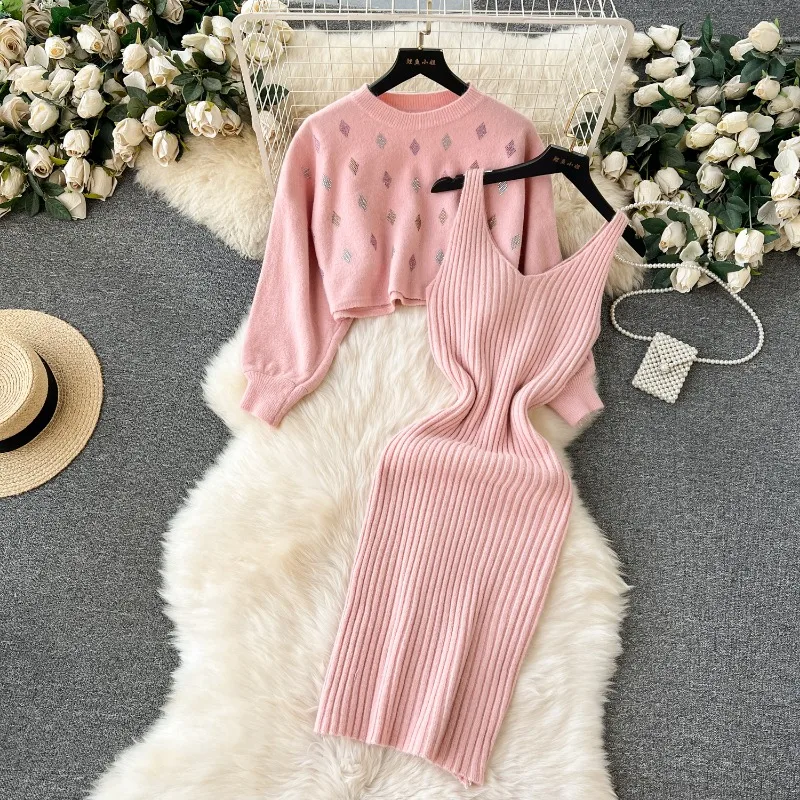 

Korean Sweet Sequins O Neck Long-sleeved Loose Sweater Tops V-neck Pit Strip Spice Girl Sling Dress Women Elegant Two-piece Set