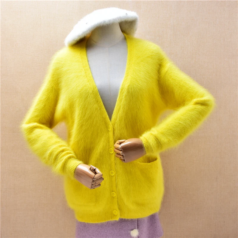 

Ladies Women Autumn Winter Clothing Hairy Mink Cashmere Knitted V-Neck Long Sleeves Loose Cardigans Angora Fur Sweater Jacket