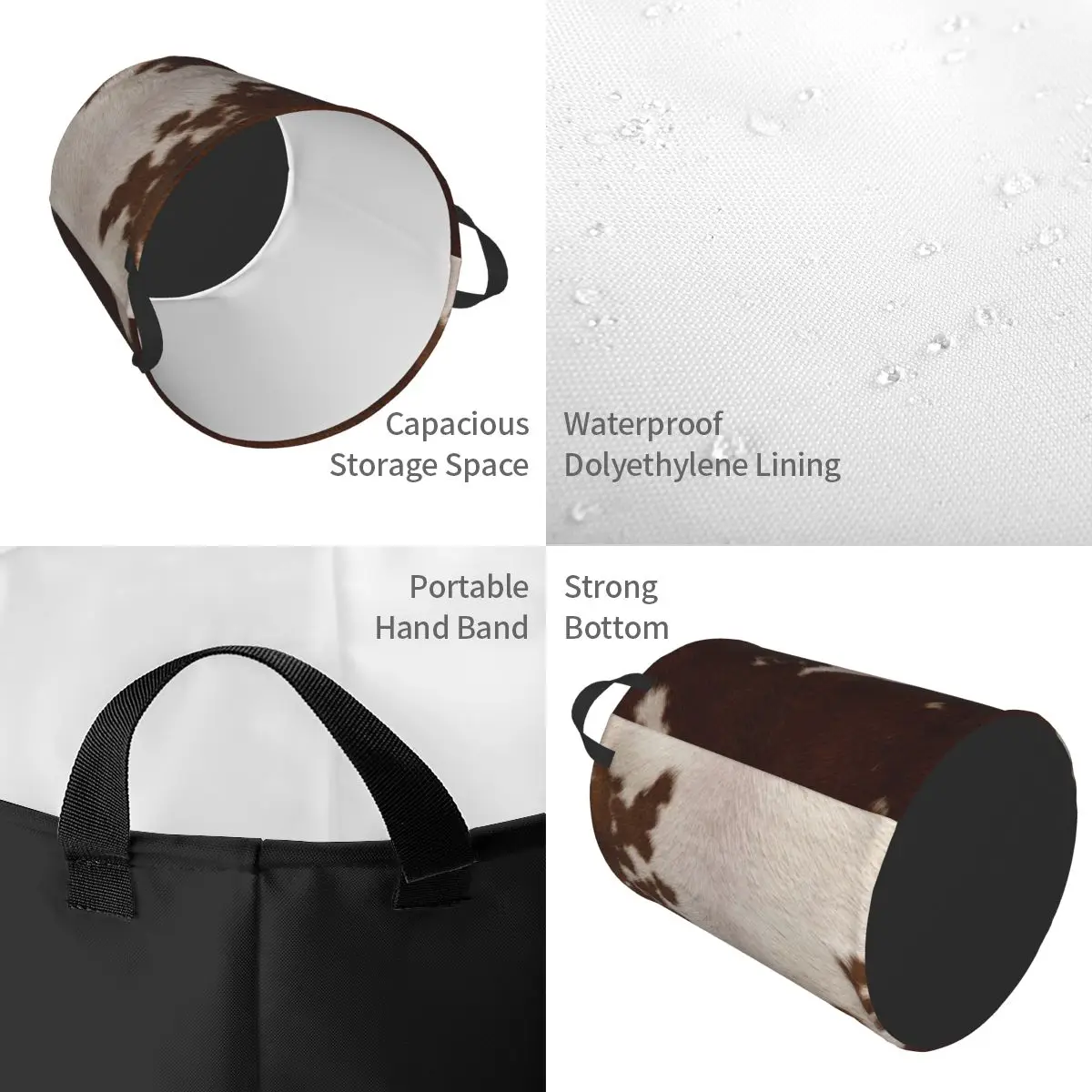 Custom Brown Cowhide Leather Laundry Basket Animal Skin Fur Leather Texture Clothing Hamper Toys Organizer Storage Bins