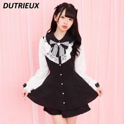 Sweet Girl Sc Suit Japanese Mine Series Mass-produced Long-sleeved Dress Bow Lapel Waist Shirt and Shorts Two Piece Set