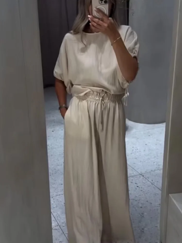 HH, camisa con cordones y cuello redondo con mangas abullonadas y botones a la moda para mujer + pantalones ajustados con cordón de cintura alta, conjunto liso de 2 piezas