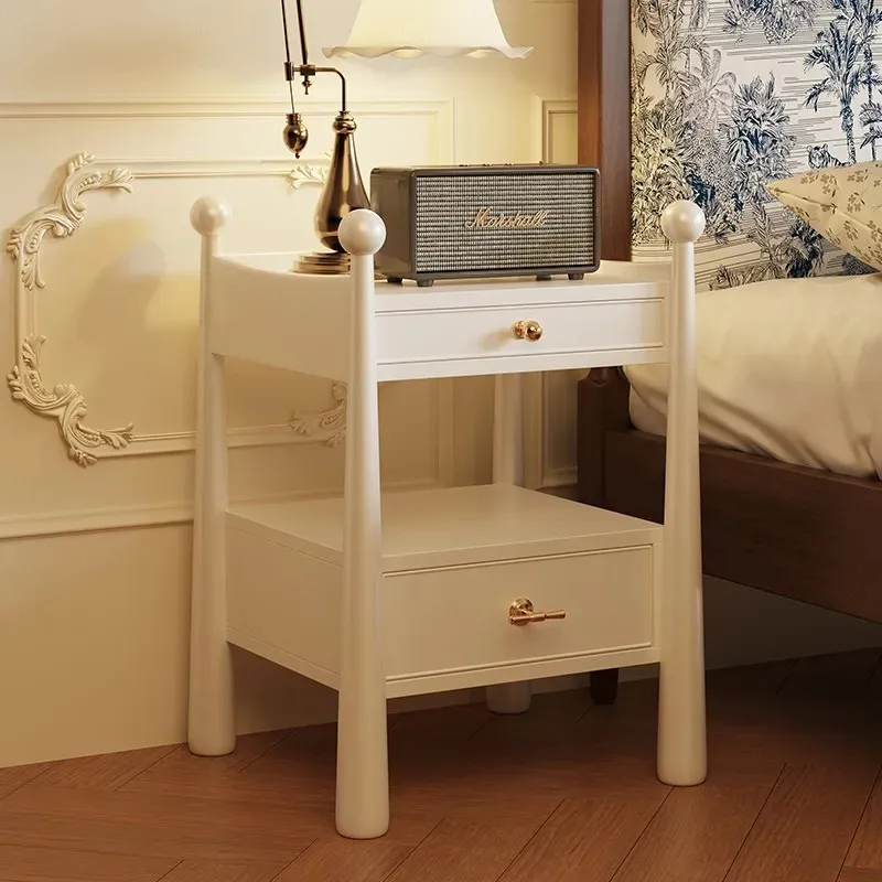 Retro all-solid wood bedside table Small household bedroom Light luxury high-end medium antique white bedside table