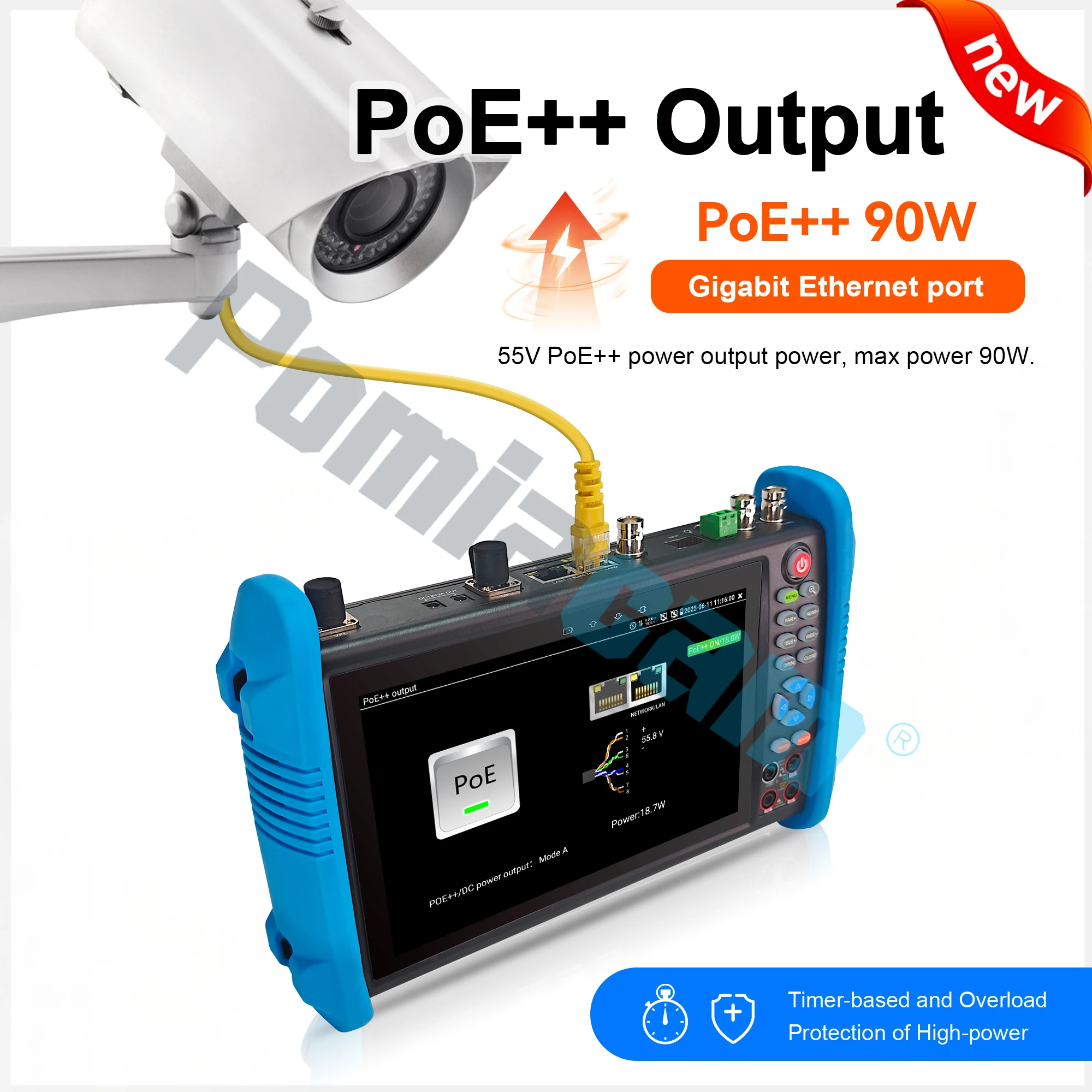 PoE++ Power Output Max 90W VGA HDMI Input 7 inch 8MP 8K H.265 AHD CVI TVI SDI Camera Security Monitoring Cable Tester