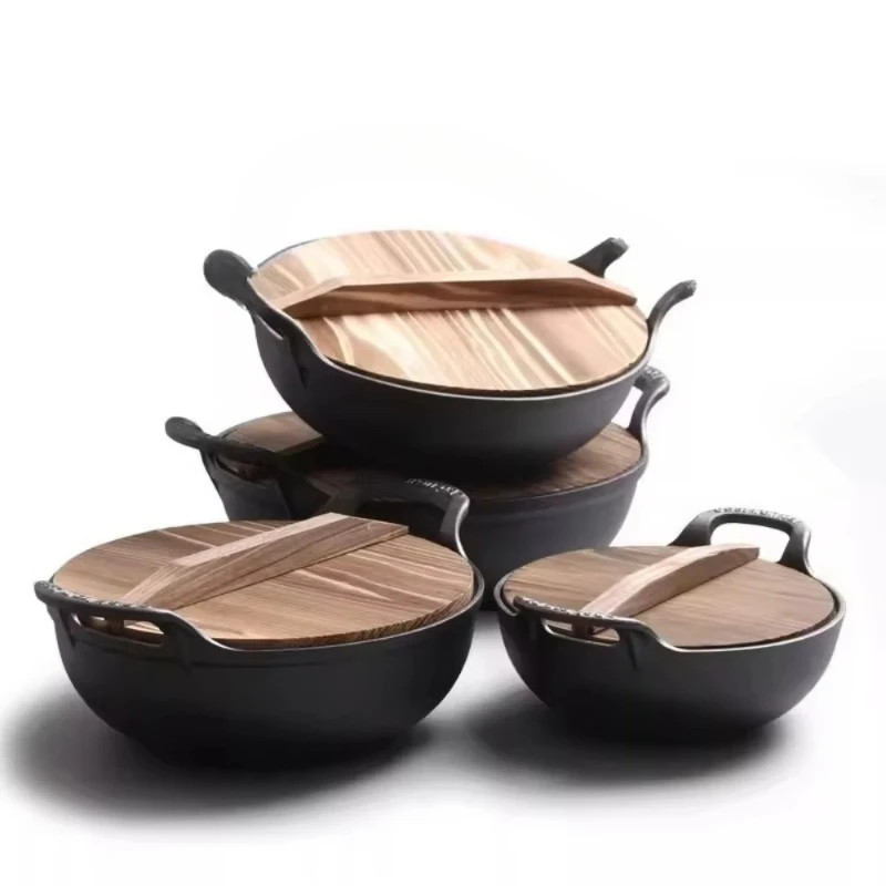 Non-stick household gas stove double handle frying pan with beech lid cast iron cookware wok