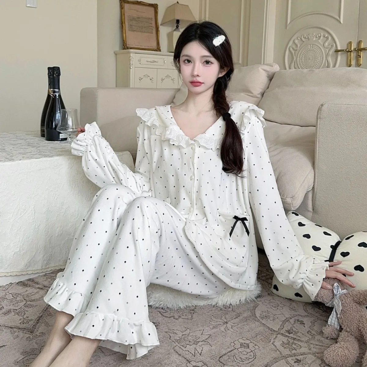 Polka Dot Print Island Velvet Sleepwear Autumn Winter Pajamas Loungewear Sweet French Long Sleeve Shirt Trouser Suits Homewear