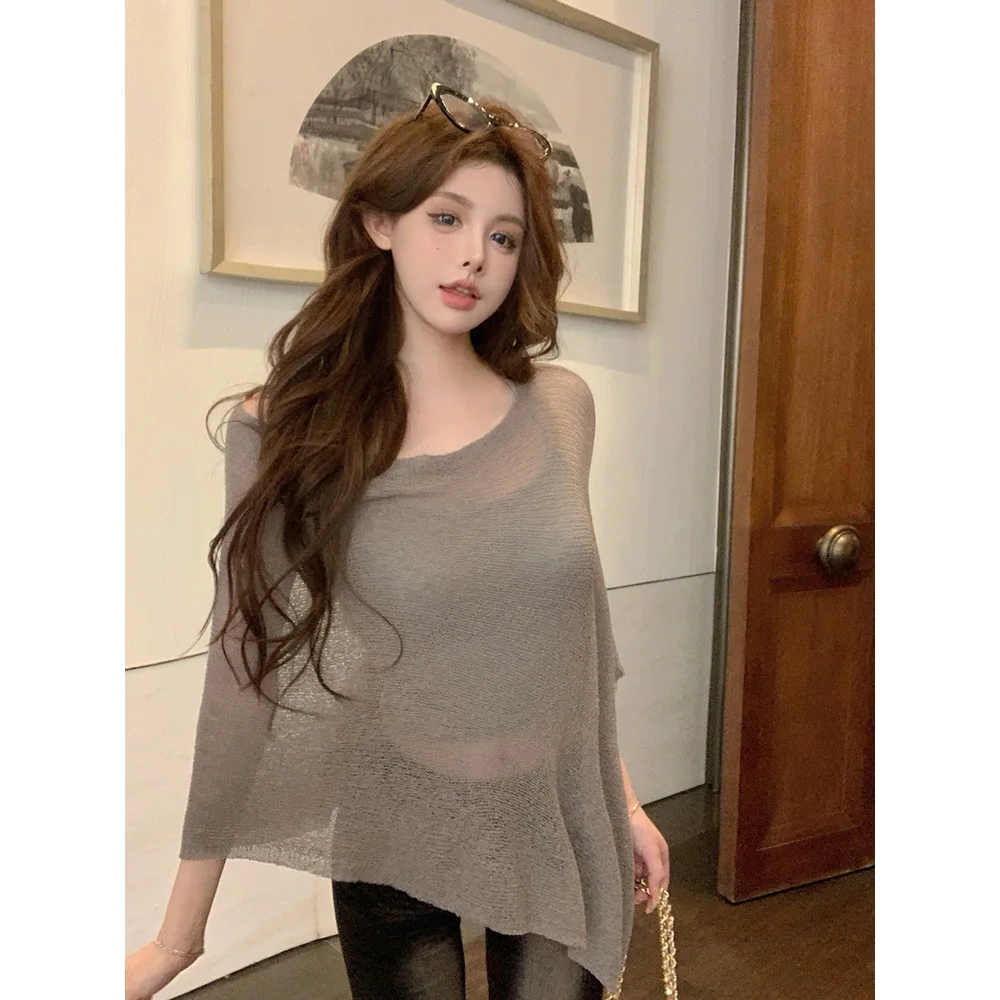 

Необычная накидка, солнцезащитный вязаный свитер, женский летний американский шикарный тонкий топ с открытыми плечами