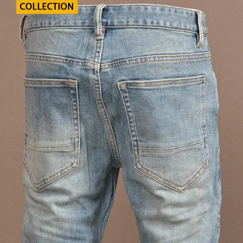 newy2k jeans, washed with water, nostalgic stretch slim fit jeans, light blue jeans, designer hip-hop brand spliced pan