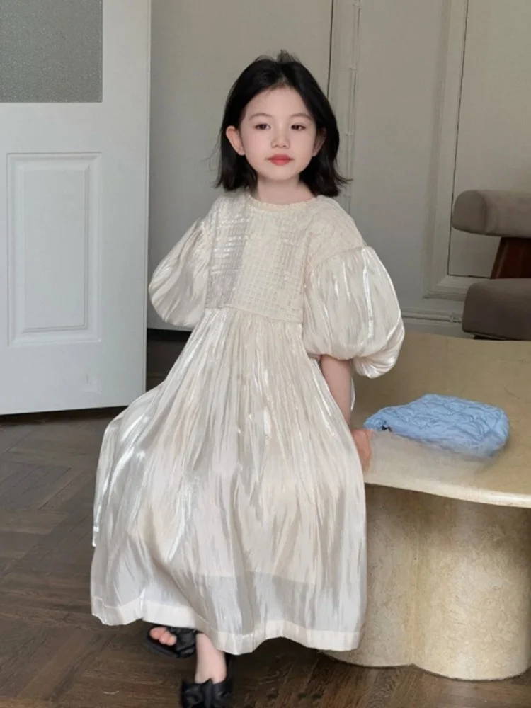 

Princess Dress for Girls White Bubble Sleeve Long Skirt Spring Summer Children's Clothing Fashionable French Style Kids' Dress