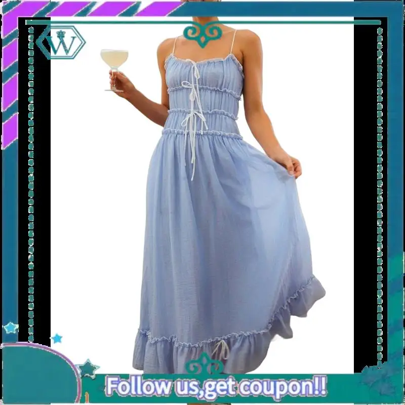 A09P Abito estivo da donna 2025 Casual senza maniche con cinturino per spaghetti RIC Rac Trim Abito lungo da spiaggia con volant smock