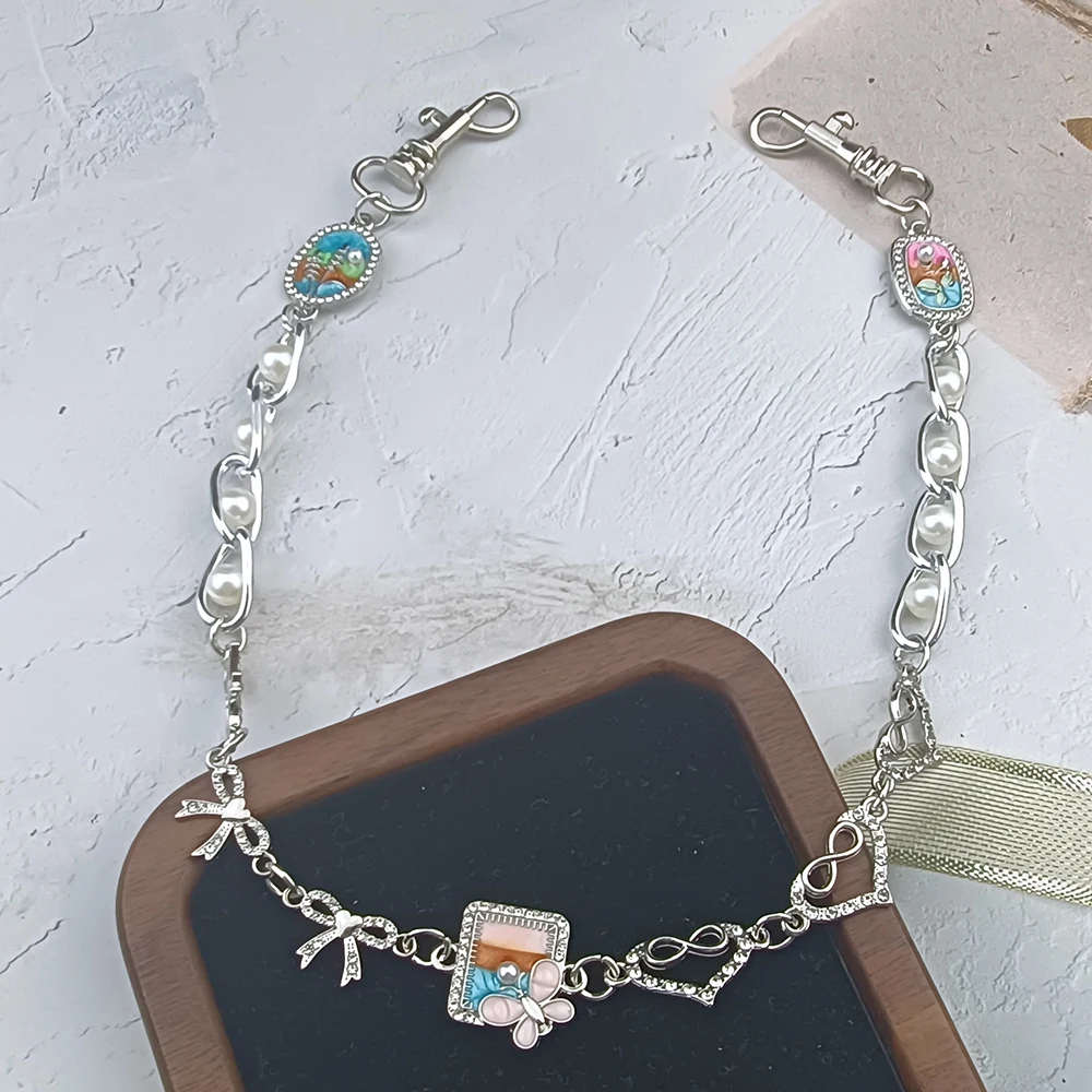 Retro Pearl & Bow Pants Chain - Silver Tone Enamel Charm Waist Belt, Adjustable Jean Chain for Aesthetic Streetwear