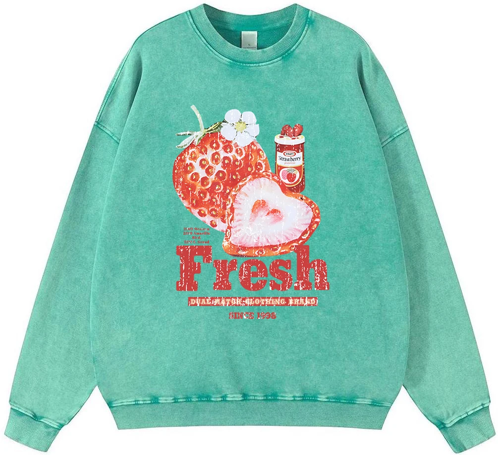 Fresh Strawberry American Retro Mens Vintage Washed Cotton Sweatshirt Casual Loose Fashion Pullover Hoodie Simple Fur-Liner