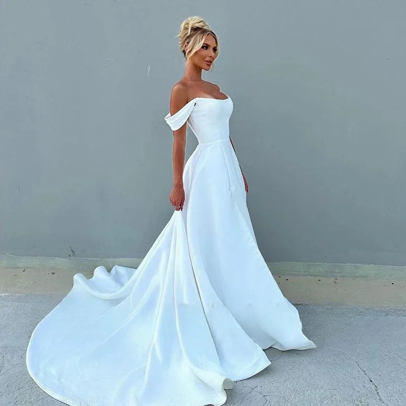 Abiti da sposa bianchi a trapezio Abito da sposa semplice con spalle scoperte Boho Beach Princess Civil 2024 Personalizza su misura Stupendo