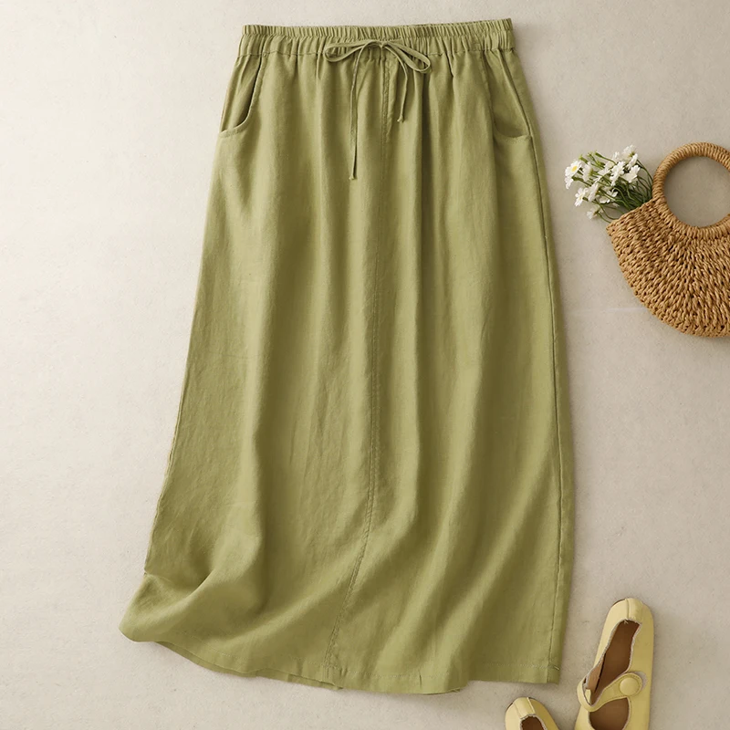 

Linen Half-body Skirt Female Summer New Korean Version of The Literary Temperament Elegant Ties Leisure in The Long A-line Skirt