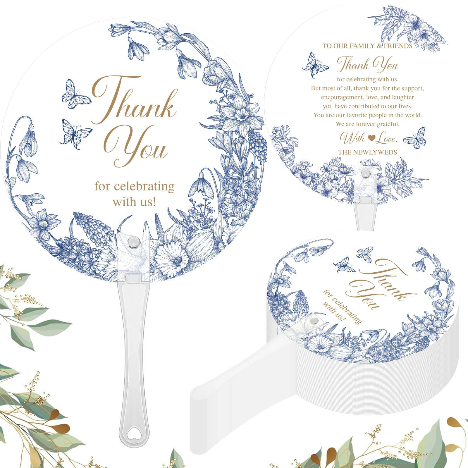 

Blue White Porcelain Wedding Thank You Fans 20pcs - 10.2inch Plastic Round Fans with Gold Text, Bridal Party Photo Props