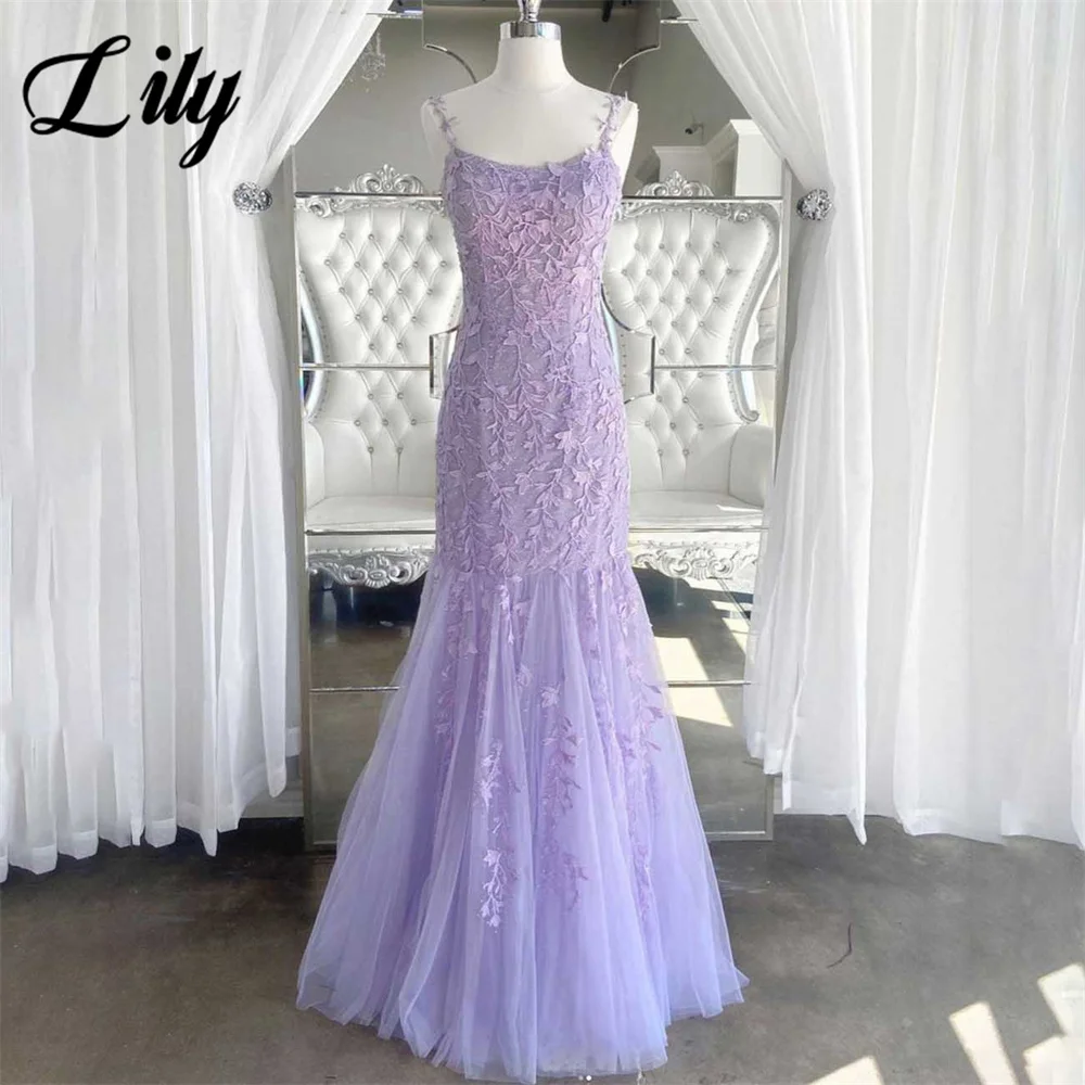 

Lily Purple Trumpet Formal Dress Lace Spaghetti Strap Party Dresses O-Neck Pleat Sleeveless Special Occasion Dress robe soirée