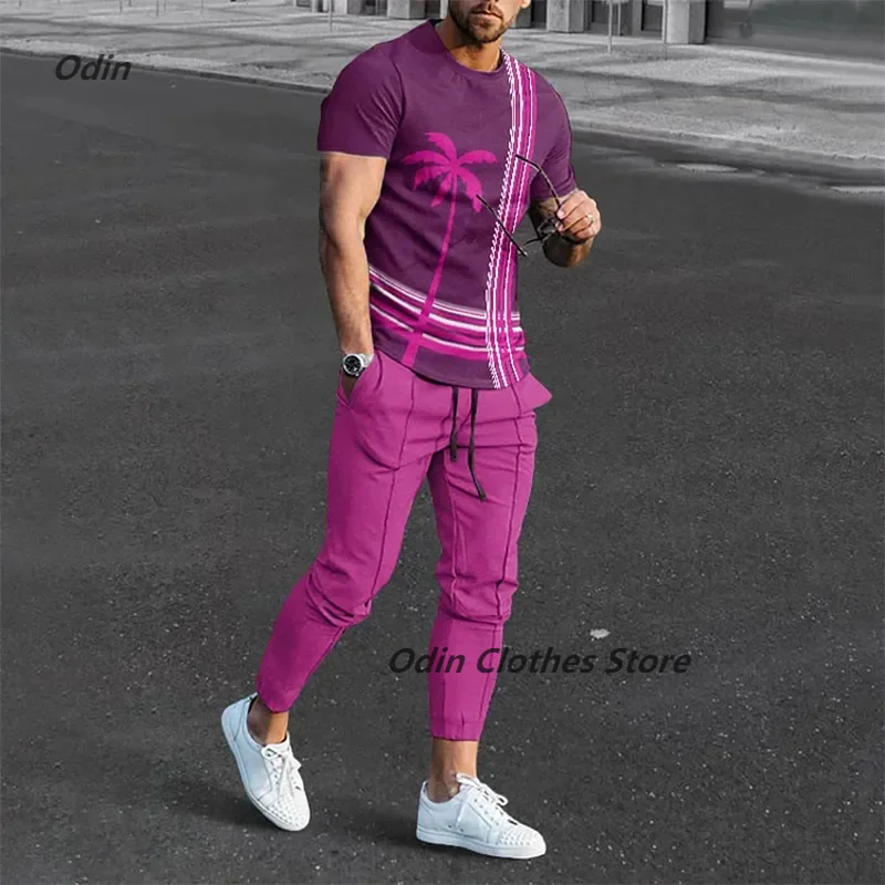 Nowa dostawa hawajskie spodnie męska koszulka dres drzewo kokosowe T-shirty z nadrukiem 3D zestaw 2 sztuk Streetwear za duże garnitury
